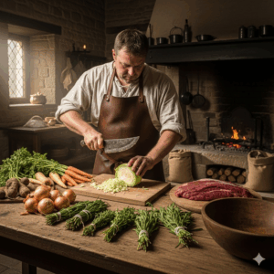 A medieval cook chopping vegetables and meat on a wooden table, with various ingredients laid out.