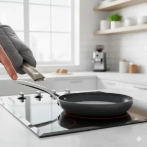 A hand comfortably gripping the cool-touch, ergonomic handle of a nonstick fry pans, highlighting user comfort and safety. 