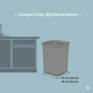 A simple graphic illustrating the compact kitchen trash can dimensions of a small can, ideal for apartment or small kitchen use.
