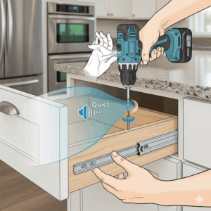 An illustration of soft-close drawer slides being installed, highlighting the benefit of quiet operation and smooth functionality for new replacement kitchen drawers.