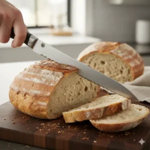 A Spyderco kitchen knives serrated bread knife effortlessly cutting through the crust of a rustic loaf of bread, demonstrating its ability to handle tough exteriors without crushing the soft interior.