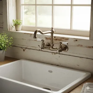  A vintage-style wall-mount farmhouse kitchen faucet with a two-handle design, positioned above a deep porcelain sink for a classic look.