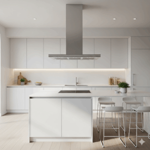 A minimalist white kitchen cabinets with stainless appliances, a large island, and a prominent stainless steel range hood acting as a focal point.