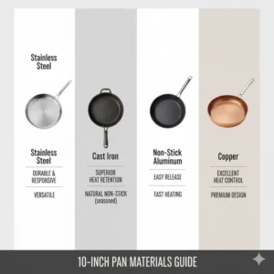 Infographic comparing stainless steel, cast iron, and non-stick 10 inch pan materials to help choose the best cookware. 