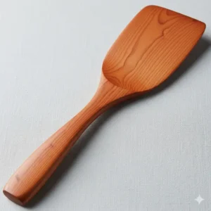 A handcrafted cherry wood spatula with a smooth finish, highlighting the wood's warm reddish-brown hue that deepens with age, a popular choice for the best wood for kitchen utensils.