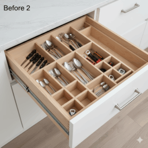  A photo of a custom-fit drawer organizer inside a replacement kitchen drawer, designed to store utensils and kitchen gadgets efficiently.