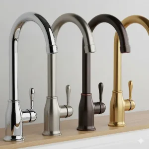 A collection of different finishes for a farmhouse kitchen faucet, including polished chrome, brushed nickel, oil-rubbed bronze, and gold.
