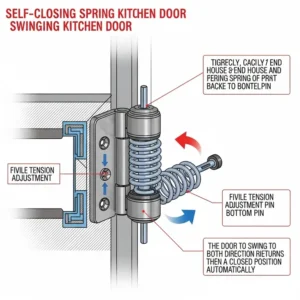 A detailed diagram of a self-closing spring hinge for a swinging kitchen door, explaining its mechanism.