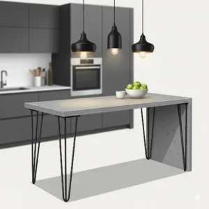 A sleek kitchen island table with black metal hairpin legs, offering an industrial and modern aesthetic.