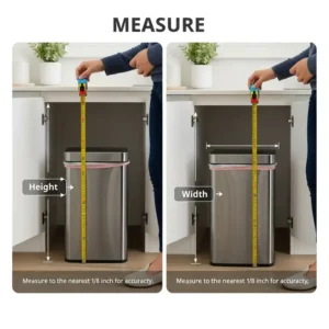 A visual guide showing how to measure the key kitchen trash can dimensions: height and width, for a perfect fit in a specific spot.