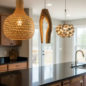  Unique pendant lights made from natural materials hanging over a kitchen island. 