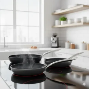 A collection of various sized nonstick fry pans on a stovetop, showcasing a versatile set suitable for diverse cooking needs. 