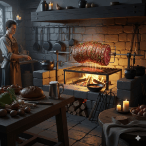 A large piece of meat slowly rotating on a spit over a fire, a common method for roasting in a medieval kitchen.