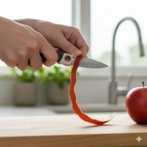 A person holding a Spyderco kitchen knives to peel an apple, illustrating the knife's small size and maneuverability for intricate tasks and precise control.