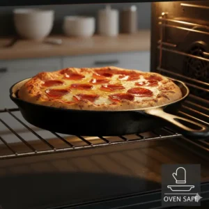 Golden cornbread baking in an oven-safe 10 inch pan, demonstrating its versatility for both stovetop and oven cooking. 