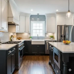 An example of a barndominium kitchen with two-tone cabinetry (e.g., dark base cabinets and light upper cabinets) to create a sense of depth and style.

