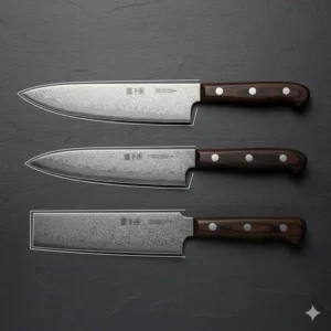 Visual comparison of different Japanese knife blade profiles, such as Santoku, Gyuto, and Nakiri, found in top-rated best Japanese kitchen knife sets.