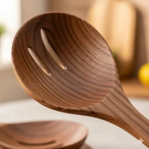 A stylish walnut wood serving spoon, featuring the wood’s dark, rich tones and straight grain, ideal for both kitchen use and tabletop presentation, and considered among the best wood for kitchen utensils.
