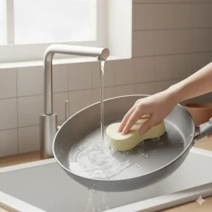 A 14 inch ceramic skillet being easily wiped clean with a sponge, demonstrating its simple maintenance. 