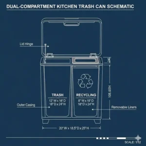 Schematic of a dual-compartment kitchen trash can, detailing the specific kitchen trash can dimensions for both the trash and recycling sections.