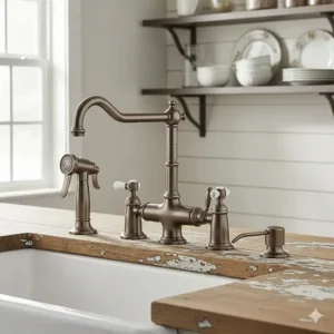 A functional farmhouse kitchen faucet with a matching built-in soap dispenser and side spray, offering convenience and a coordinated appearance.