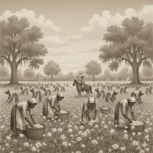 Enslaved field workers laboring, depicting the social realities addressed in the kitchen house book.