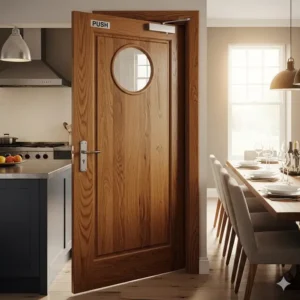 A full-length swinging kitchen door made of solid wood, separating the kitchen from the dining area.