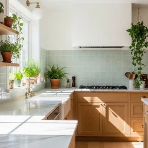 A natural kitchen with subtle green accents, including a tiled backsplash and potted plants, creating a serene environment. 
