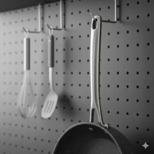 Detail of the hanging hole at the end of the handle of the 12 inch fry pan for convenient storage. 