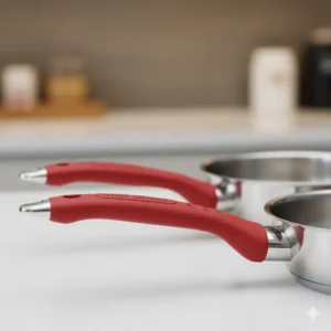 A detailed image of the ergonomic, heat-resistant red handles of the Hell's Kitchen cookware line.