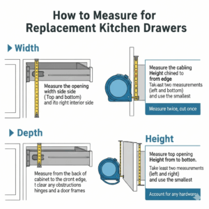 A simple infographic showing how to accurately measure for replacement kitchen drawers, including width, depth, and height. 