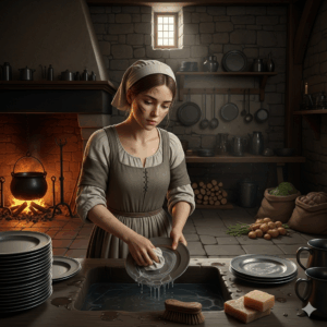 A scullery maid cleaning dishes in a medieval kitchen, highlighting the often-unseen labor roles.