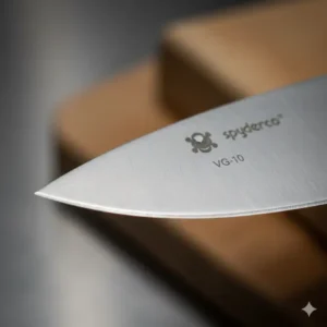 A macro shot of the VG-10 steel blade of a Spyderco kitchen knives, revealing the fine grain and sharp edge that contribute to its exceptional cutting performance.