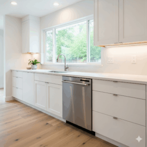 A newly remodeled kitchen showing a seamless blend of white kitchen cabinets with stainless appliances and a built-in stainless steel dishwasher. 