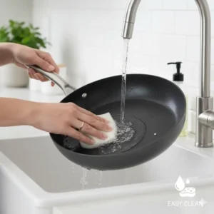 Hand washing a 10 inch pan under running water, highlighting its easy-to-clean design for convenient maintenance. 