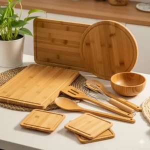 Various bamboo accessories, such as cutting boards and utensils, on a kitchen counter, promoting a natural and eco-friendly aesthetic.