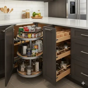 A close-up shot of a barndominium kitchen demonstrating smart corner storage solutions, such as lazy susans or pull-out shelves, to maximize every inch of space.