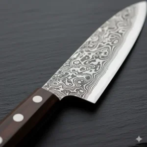 Detailed view of a beautiful Damascus steel pattern on a Japanese kitchen knife blade, often characteristic of premium best Japanese kitchen knife sets. 