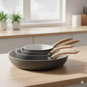 A stack of ceramic skillets with a 14 inch ceramic skillet prominently displayed as the largest and most versatile size. 