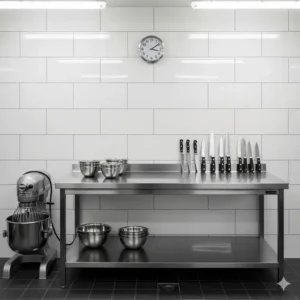 A stainless steel prep table next to a hygienic, commercial kitchen tile wall in a professional cooking space.