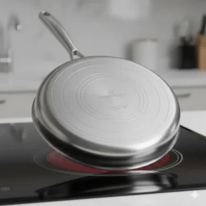 Flat, thick base of an induction-compatible 12 inch fry pan for stability and consistent heating. 