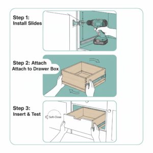 A step-by-step visual guide demonstrating the simple process of how to install new replacement kitchen drawers and slides.