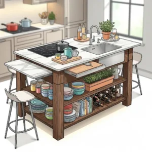 A multi-functional kitchen island table with legs that includes open shelving for storage and display.