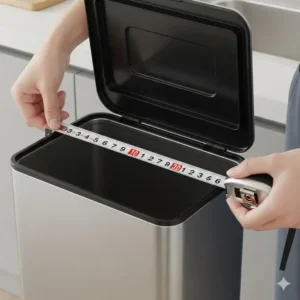 An image demonstrating how to measure the opening or lid, which are key kitchen trash can dimensions, to ensure proper bag fit.