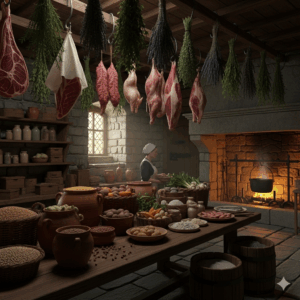 An image showing the storage methods in a medieval kitchen, such as hanging meat and dried herbs from the rafters.