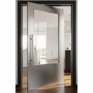 A sleek, modern swinging kitchen door with a glass panel, allowing light to pass through.