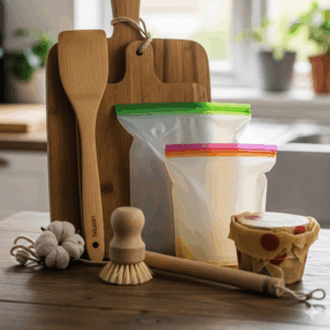 A detailed shot of various non-toxic kitchen utensils showing their different textures and materials.