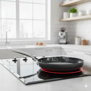 A nonstick fry pans heating uniformly on an induction hob, illustrating its compatibility and efficient heat distribution for various cooktops. 