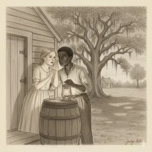 A clandestine conversation between characters, reflecting the hidden narratives within the kitchen house book.