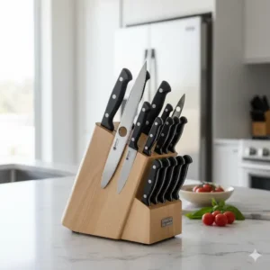 A sleek Spyderco kitchen knives block filled with a variety of knives sitting on a modern kitchen counter, suggesting a complete and professional culinary setup.